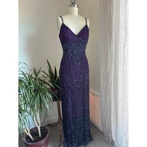 Mia Bella Women’s Medium Dress Purple Silk Beaded Evening Gown Y2K Formal Dress